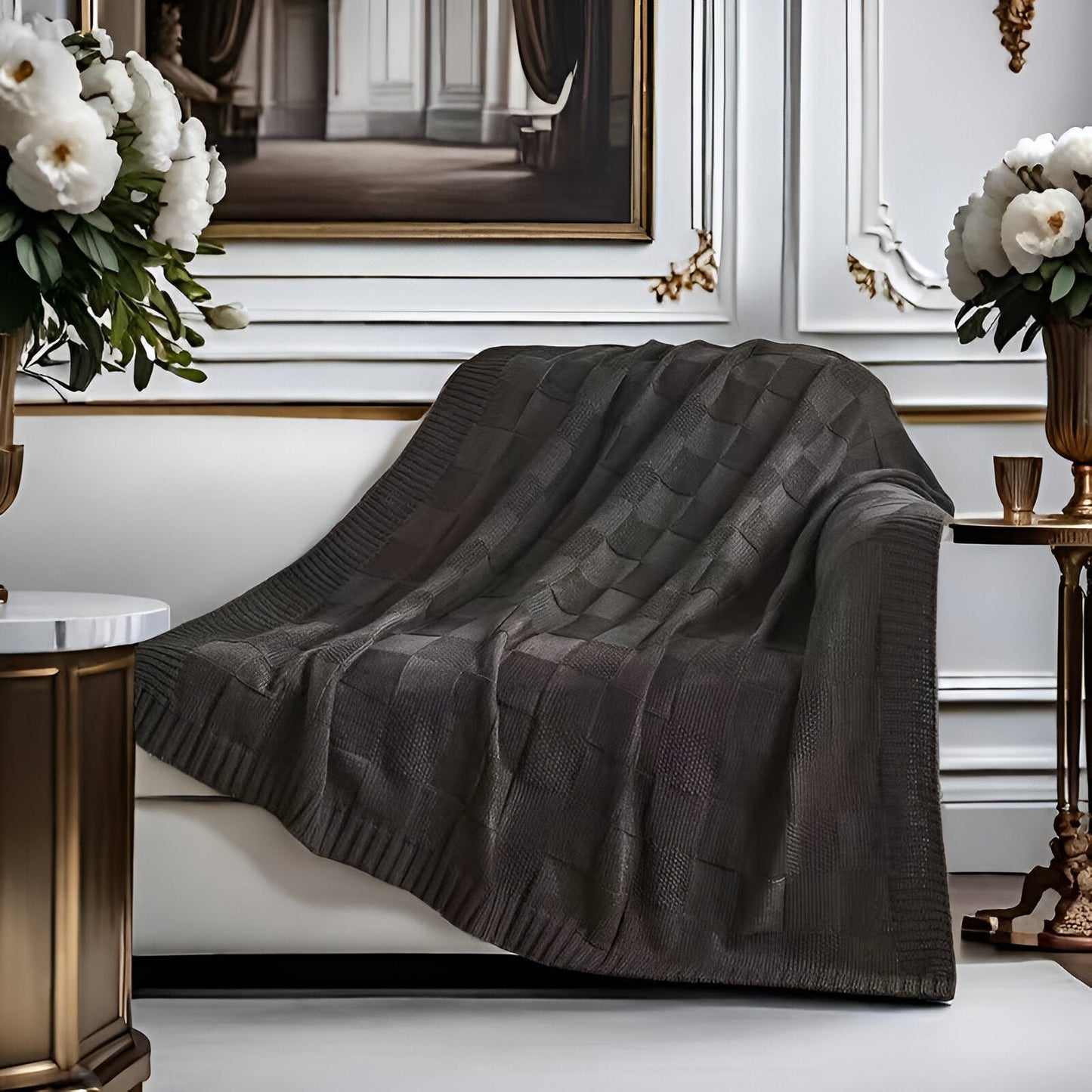 MonoKnit Plaid - Weiß Schwarz Gestrickt Throw für Bett - Solide Acryl Fleece-Decke
