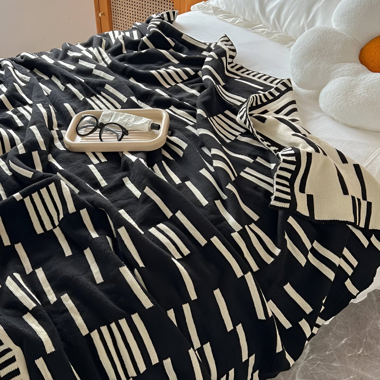 Neutral Dash Plaid - Schwarz Beige Acryl Fleece Decke - Strick Bettwurf