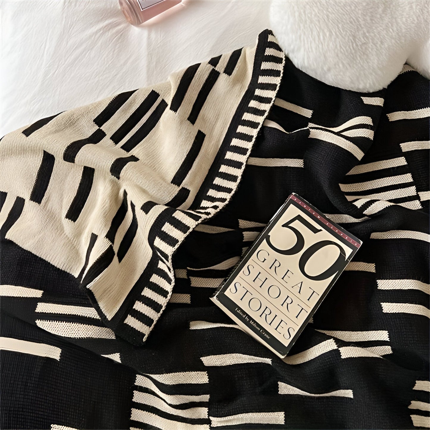 Neutral Dash Plaid - Schwarz Beige Acryl Fleece Decke - Strick Bettwurf