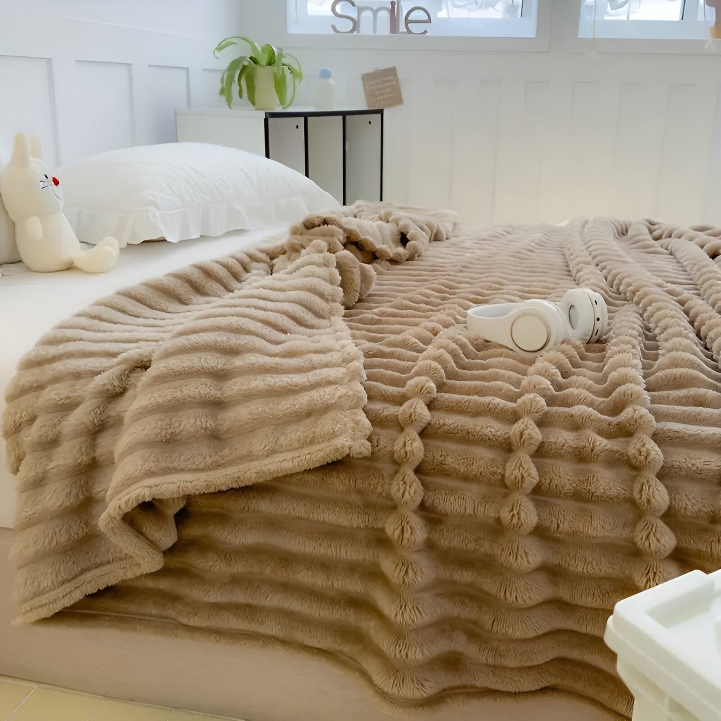 Streifenfaux-Plaid - Dicke gerippte Plüschdecke Grau Camel Fleece Decke - Weiche Kuscheldecke
