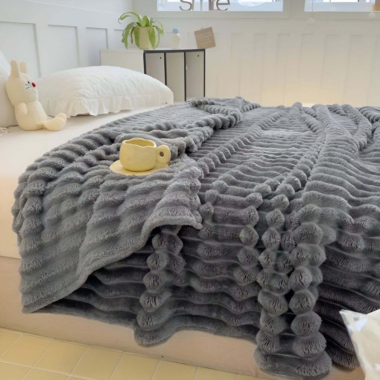 Streifenfaux-Plaid - Dicke gerippte Plüschdecke Grau Camel Fleece Decke - Weiche Kuscheldecke