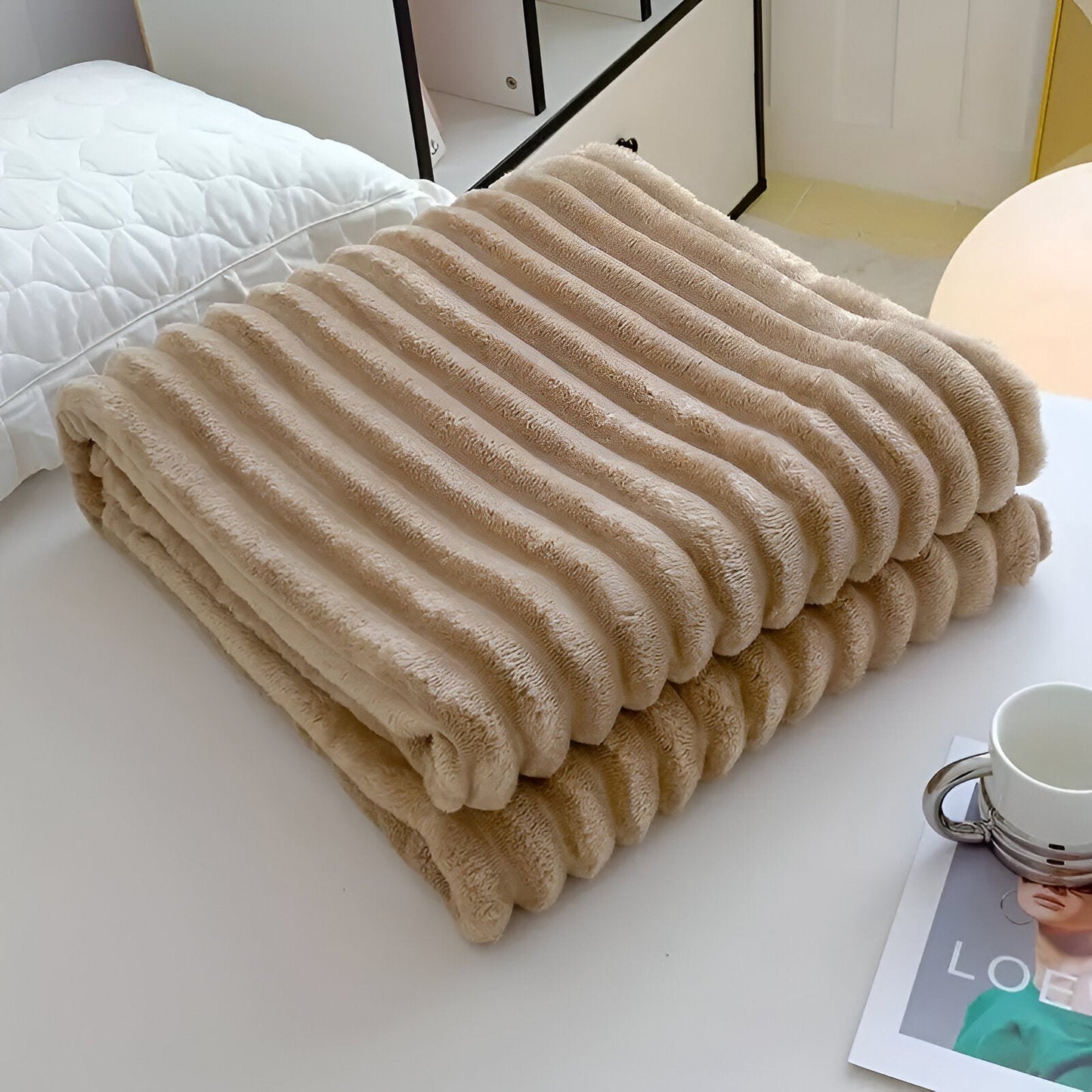 Streifenfaux-Plaid - Dicke gerippte Plüschdecke Grau Camel Fleece Decke - Weiche Kuscheldecke
