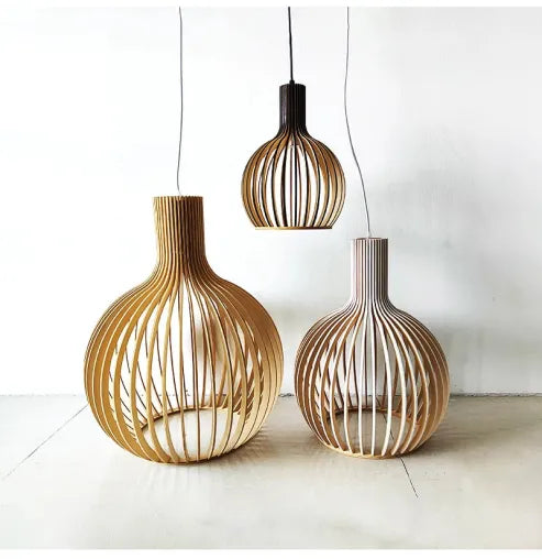 Garduru holz-vogelkäfiglampe, japanische kreative holz-anhänger-leuchte