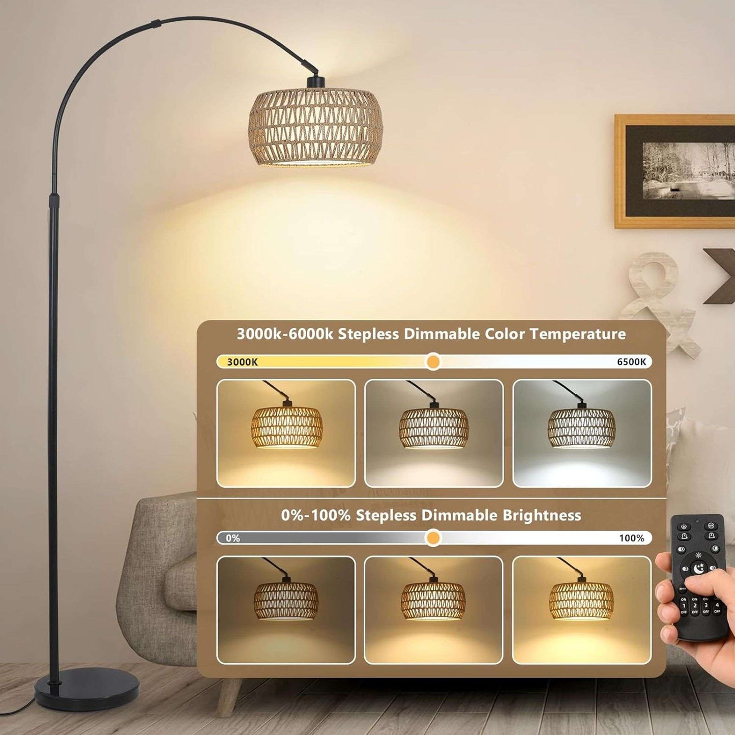 Rattan LED Stehlampe – Dimmierbares Stehlicht mit 3 Farbtemperaturen für eine gemütliche Atmosphäre
