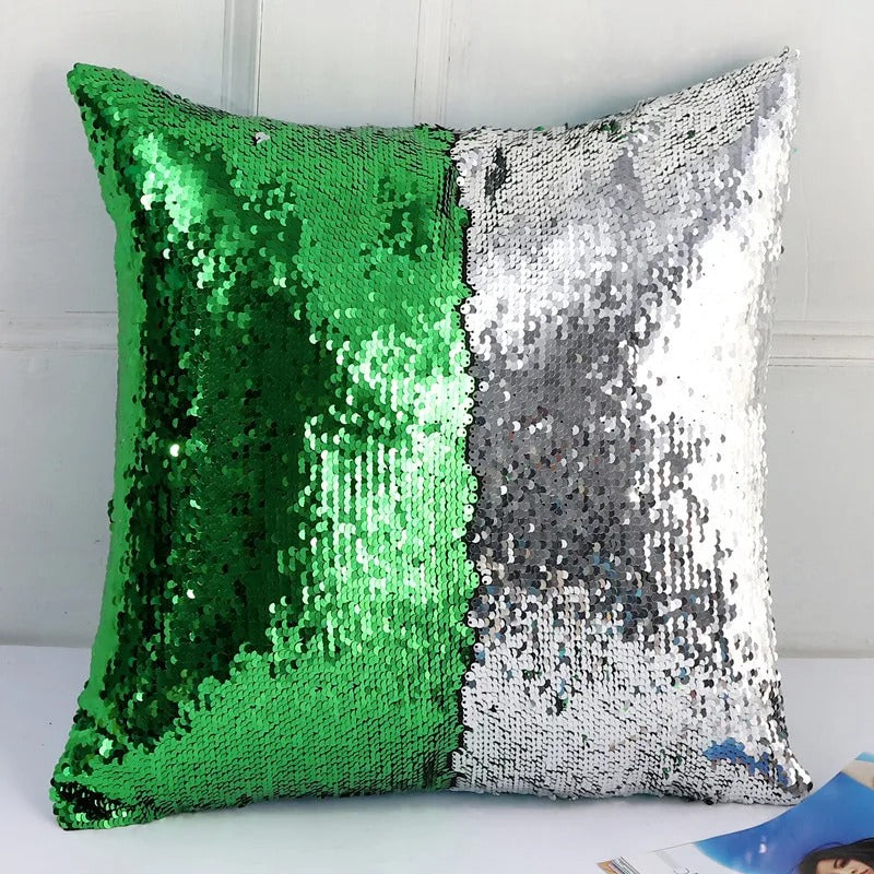 Kissenbezug mit Doppelter Paillette – Luxus Design – Silber & Grün