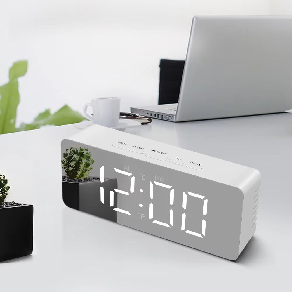 LED Wecker mit Spiegel – Multifunktionale Uhr & Make-up Spiegel – Grau-Weiß