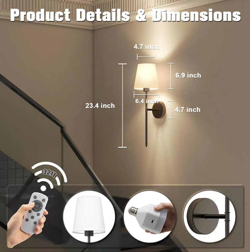 Garduru - Drahtlose Stoff-Wandleuchte | Wiederaufladbare LED-Beleuchtung mit Fernbedienung und dimmbarer Helligkeit