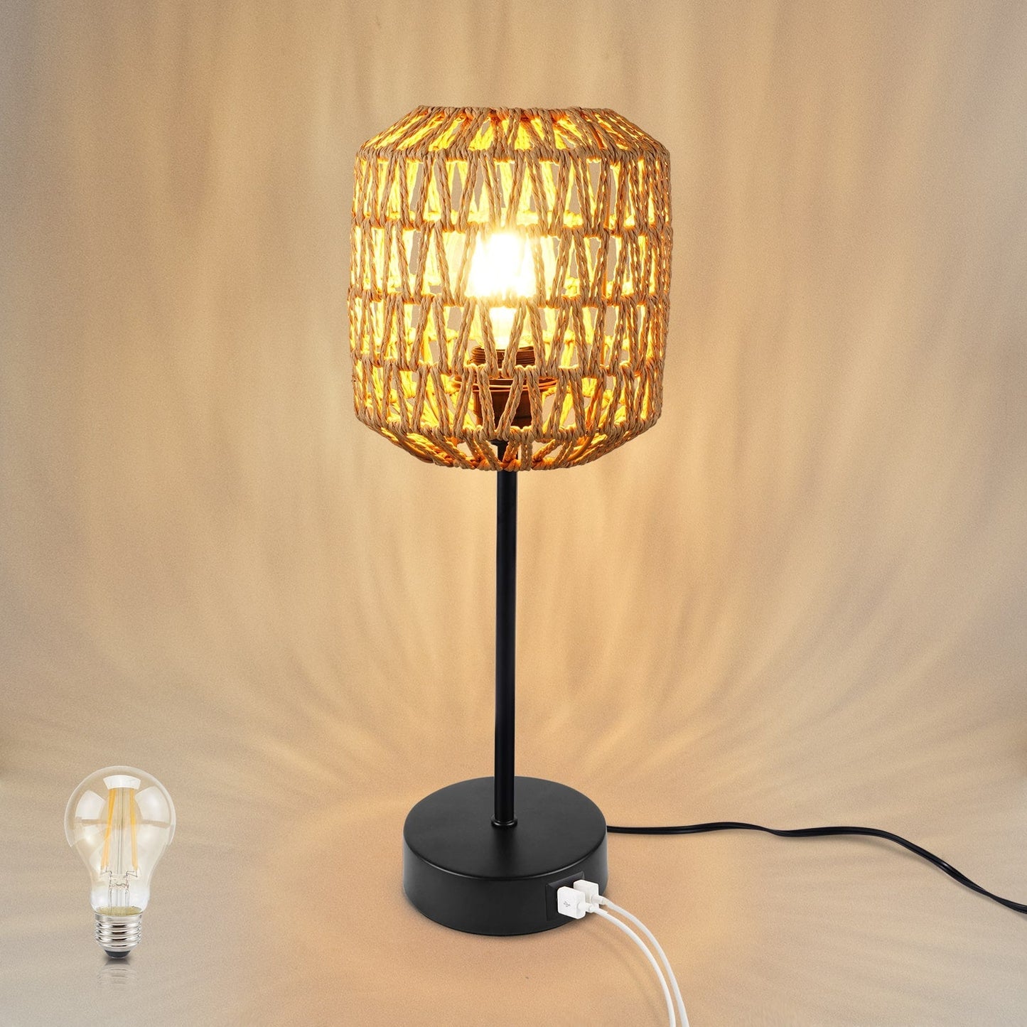 N02 Boho Rattan Tischlampe 3-Wege dimmbar Touch-Control mit USB-Anschluss