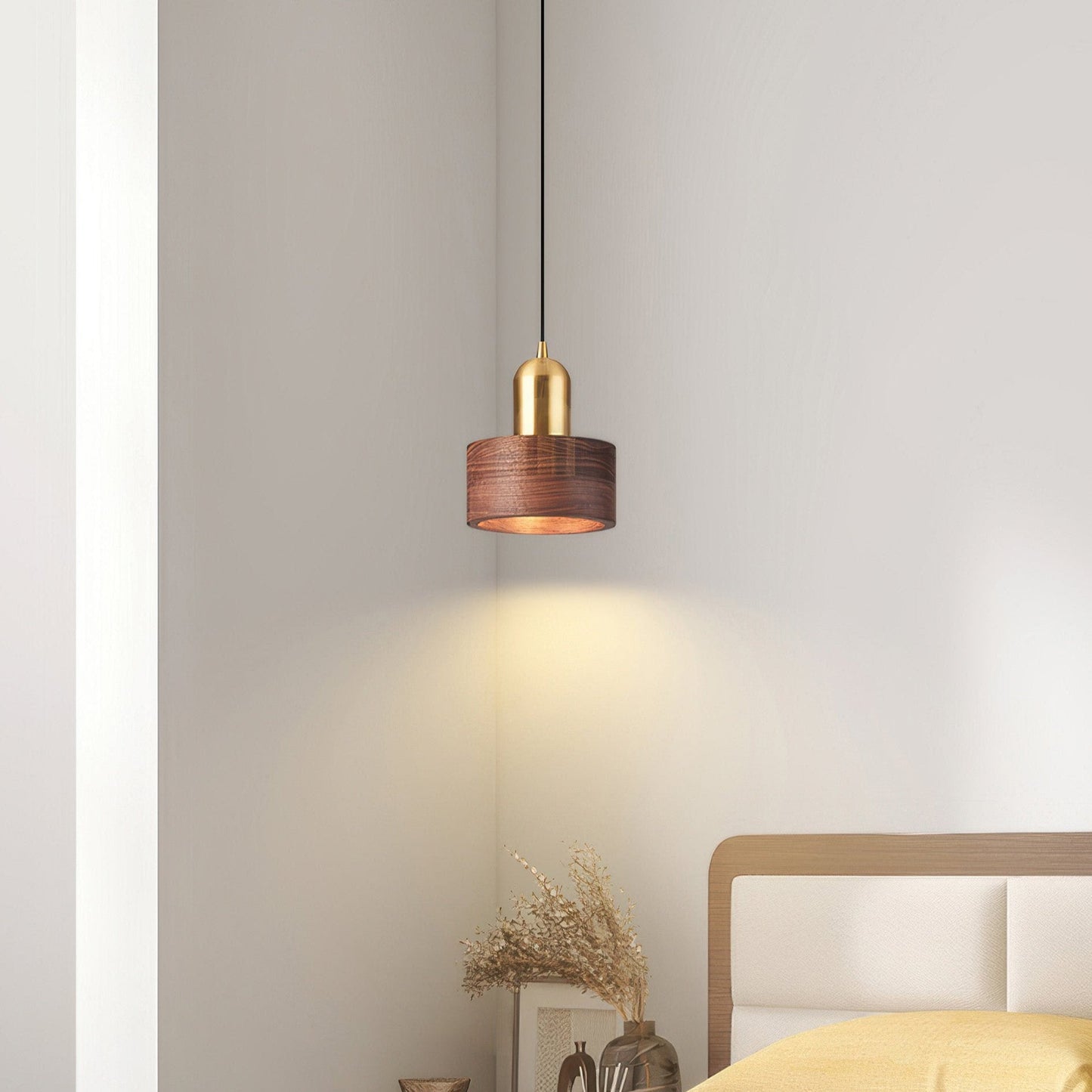 Aufhängungszylinder – Moderne Lampe aus Messing und Holz mit LED-Beleuchtung