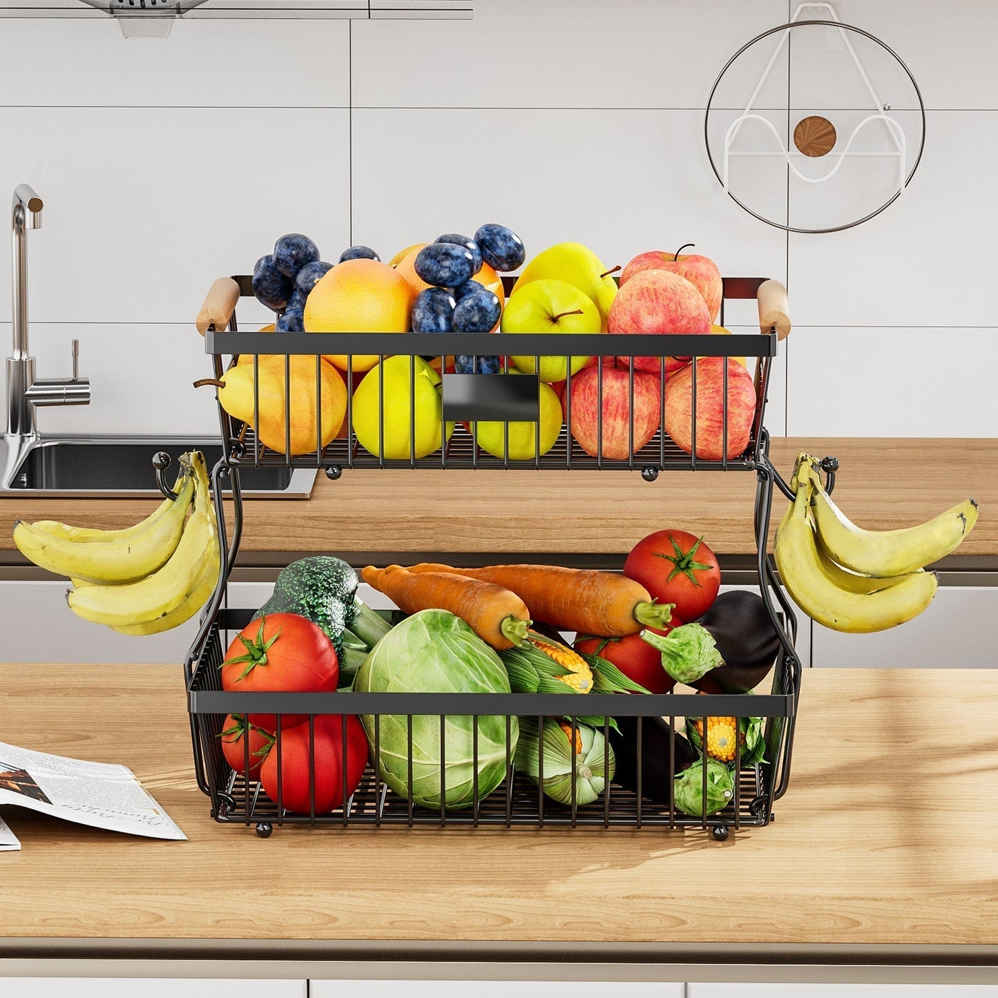 2-Tier Küchenorganisator Aus Strapazierfähigem Metall Mit Holzgriffen – Küchenregalorganisator Für Gemüse Und Obst