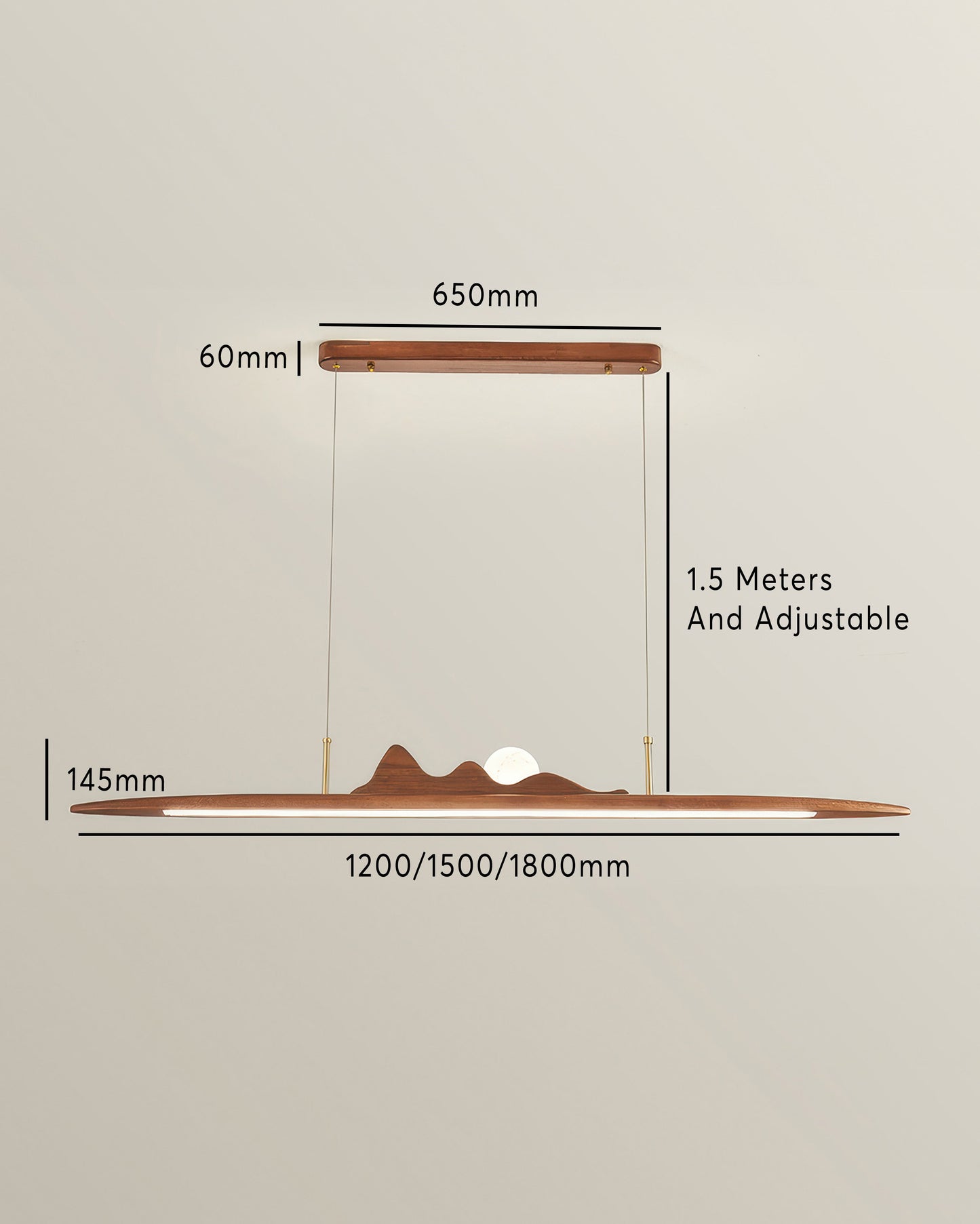 Hängelampe mit Holzstreifen im minimalistischen One-Line-Design
