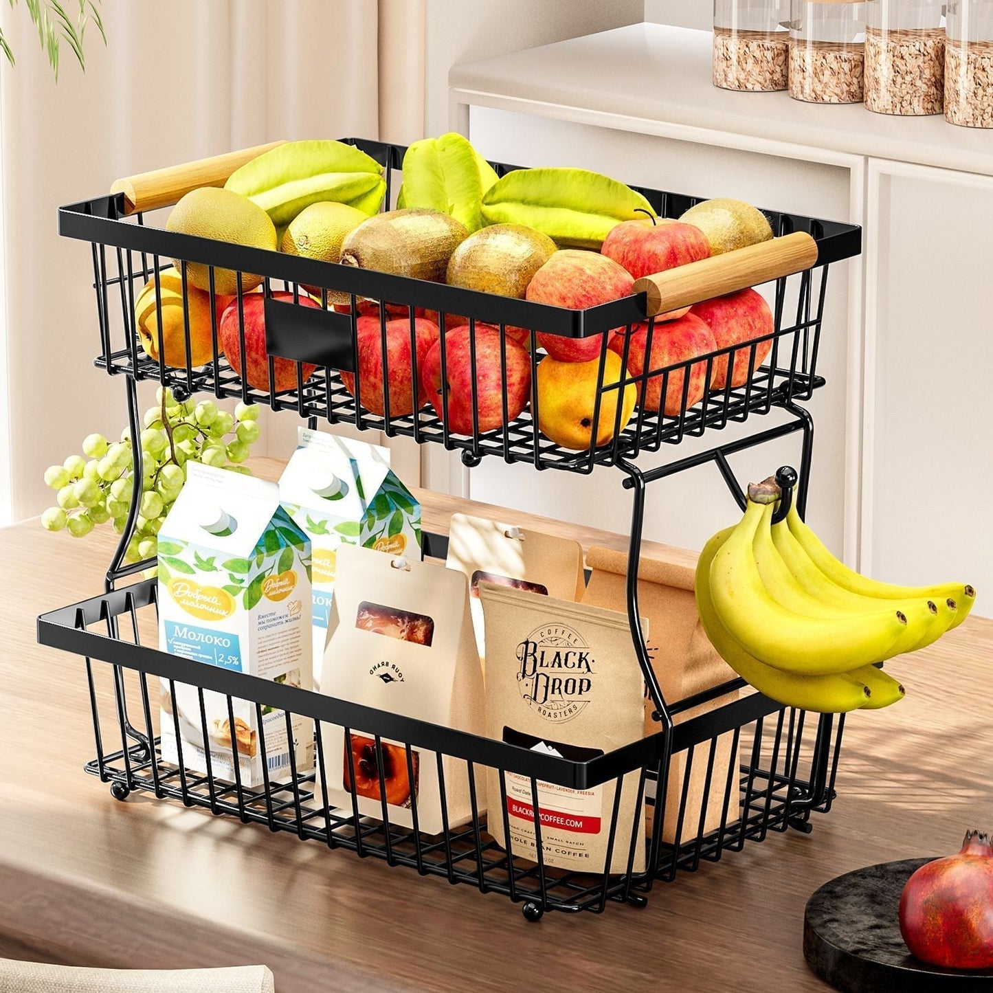 2-Tier Küchenorganisator Aus Strapazierfähigem Metall Mit Holzgriffen – Küchenregalorganisator Für Gemüse Und Obst
