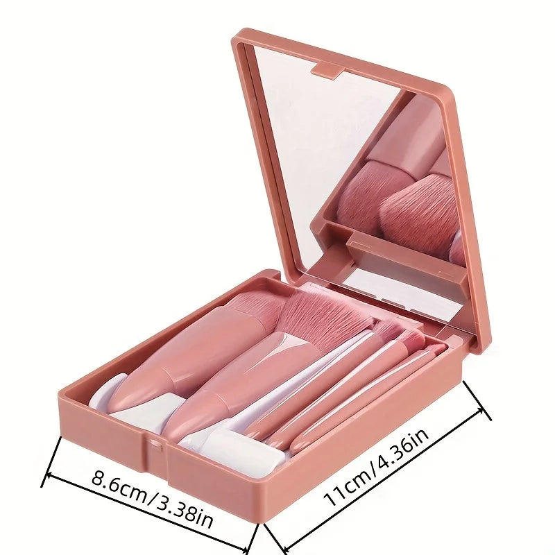 5-teiliges tragbares Makeup-Pinsel-Set mit Spiegel - Faltbares Reiseset