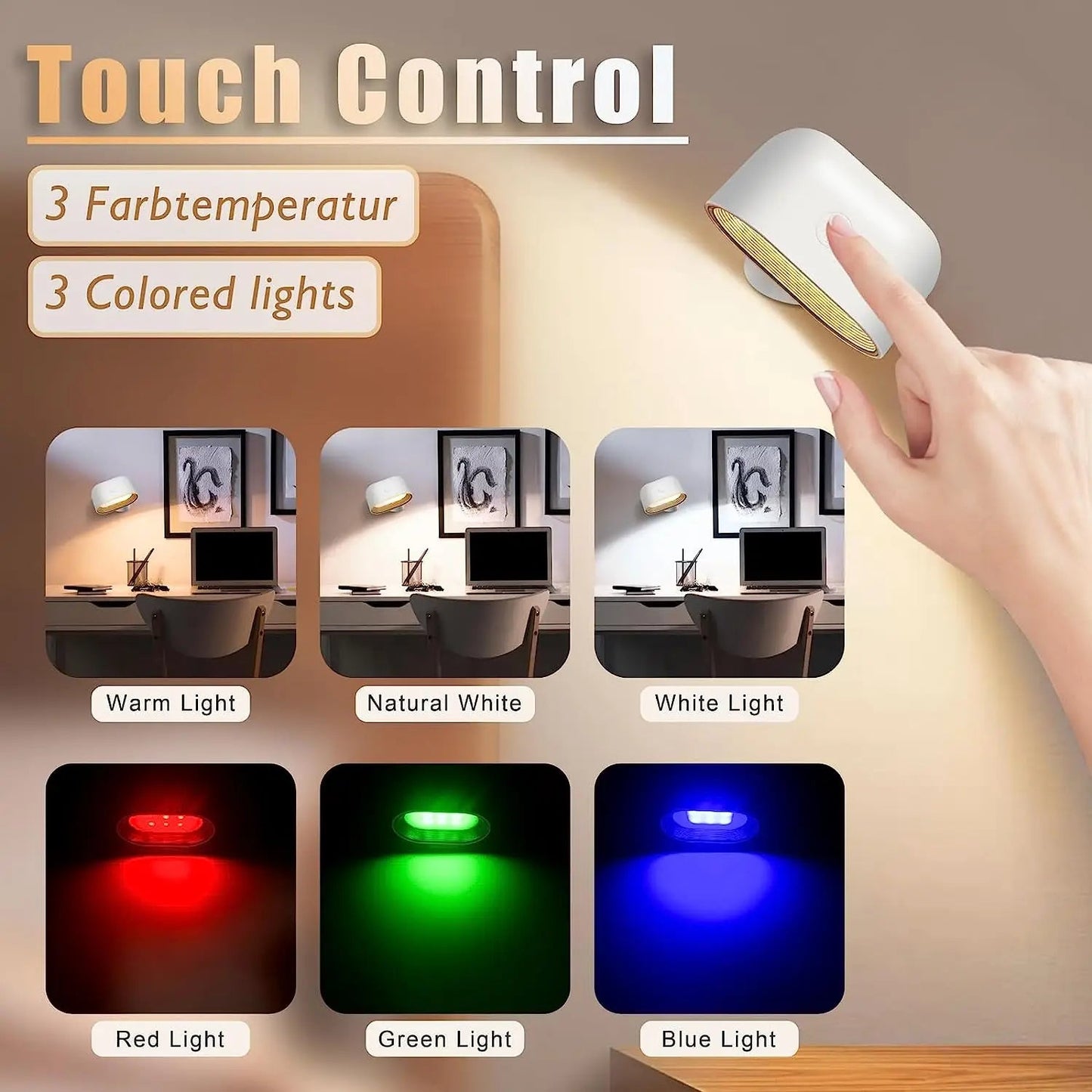 Fernbedienung Dimmable Leselampe - 360° drehbare RGB Touch-Wandlampe