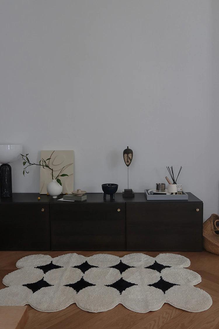 Moderner Vintage-Tufting-Teppich in Schwarz und Weiß │ Weicher, ästhetischer Bodenteppich, Fußmatte │ Für die Dekoration des Wohnzimmers zu Hause
