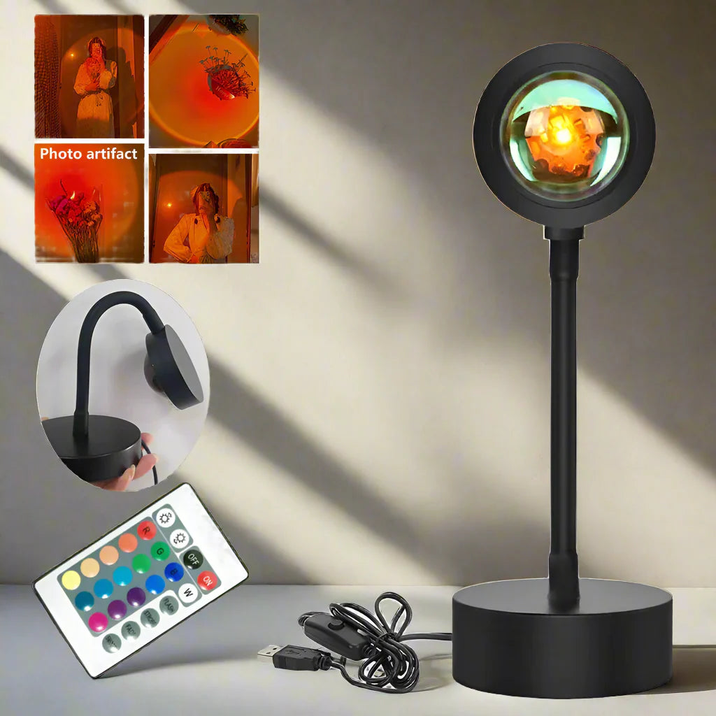 Sonnenuntergang Lampe mit Fernbedienung – 16 Farben & 360° Rotation für ästhetische Stimmungsbeleuchtung