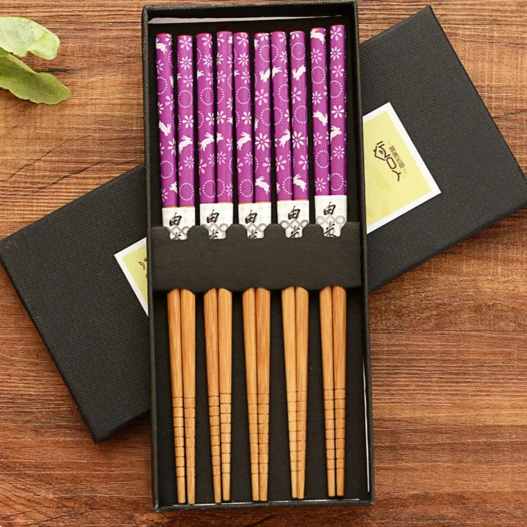ZenBamboo – Luxuriöses 5-teiliges Bambus-Essstäbchen-Geschenkset mit kulturellen Mustern