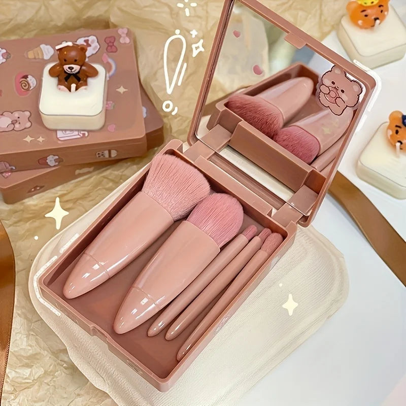 5-teiliges tragbares Makeup-Pinsel-Set mit Spiegel - Faltbares Reiseset