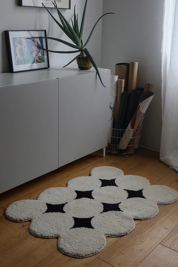 Moderner Vintage-Tufting-Teppich in Schwarz und Weiß │ Weicher, ästhetischer Bodenteppich, Fußmatte │ Für die Dekoration des Wohnzimmers zu Hause