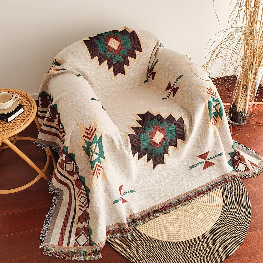 Übergroße Boho-Aztekendecke mit Fransen – Geometrischer Vintage-Wandteppich