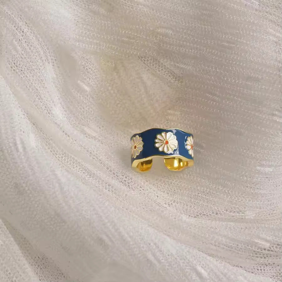 AOMU Daisy Emaille Ring – Vintage Barock Verstellbarer Blumenschmuck