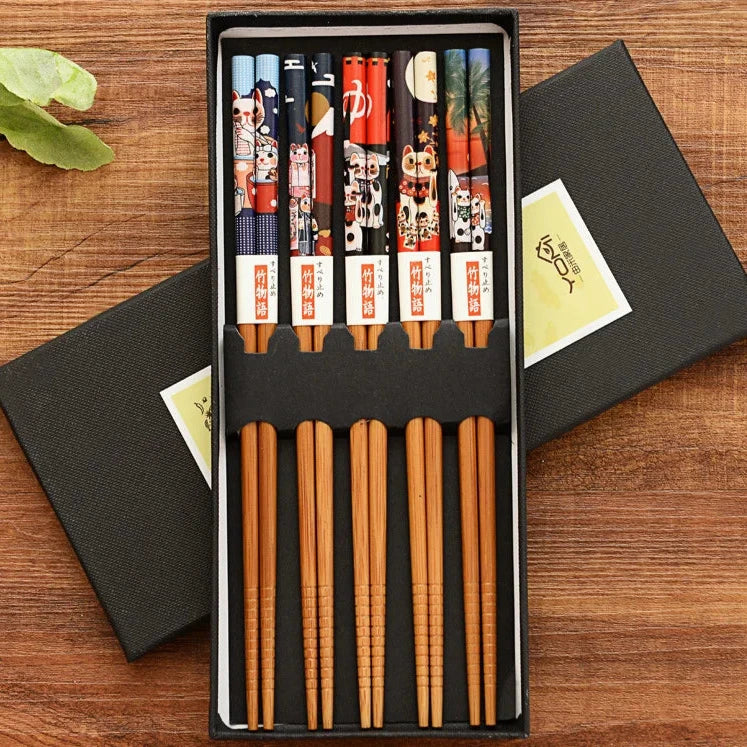ZenBamboo – Luxuriöses 5-teiliges Bambus-Essstäbchen-Geschenkset mit kulturellen Mustern