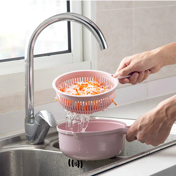 3-in-1 Multifunktionaler Gemüseschneider mit Sieb – Küchenreibe für Obst und Gemüse mit Tropfschale
