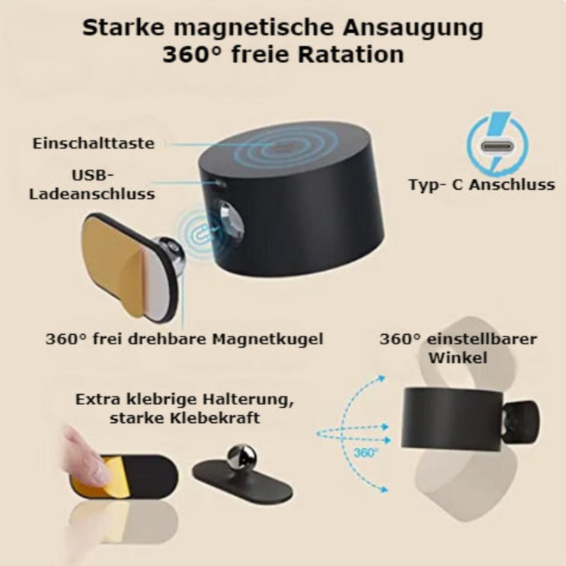 Wandlampe 360° Kabellos - LED Wiederaufladbar und Drehbar mit Touch-Bedienung