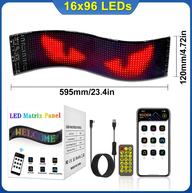Flexibles LED-Matrix Bildschirm-Autozeichen - Programmierbares Bluetooth-Display mit APP-Fernbedienung, Ultra-dünn für Geschäft & Bar
