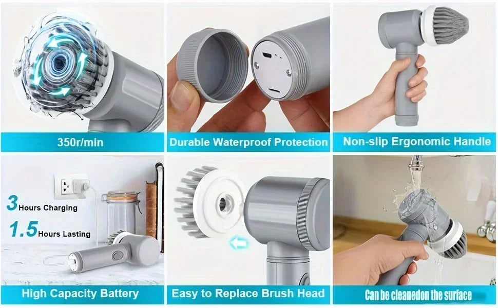 Akku Elektro Spin Scrubber – Wiederaufladbare Reinigungsbürste mit 6 Austauschbaren Köpfen