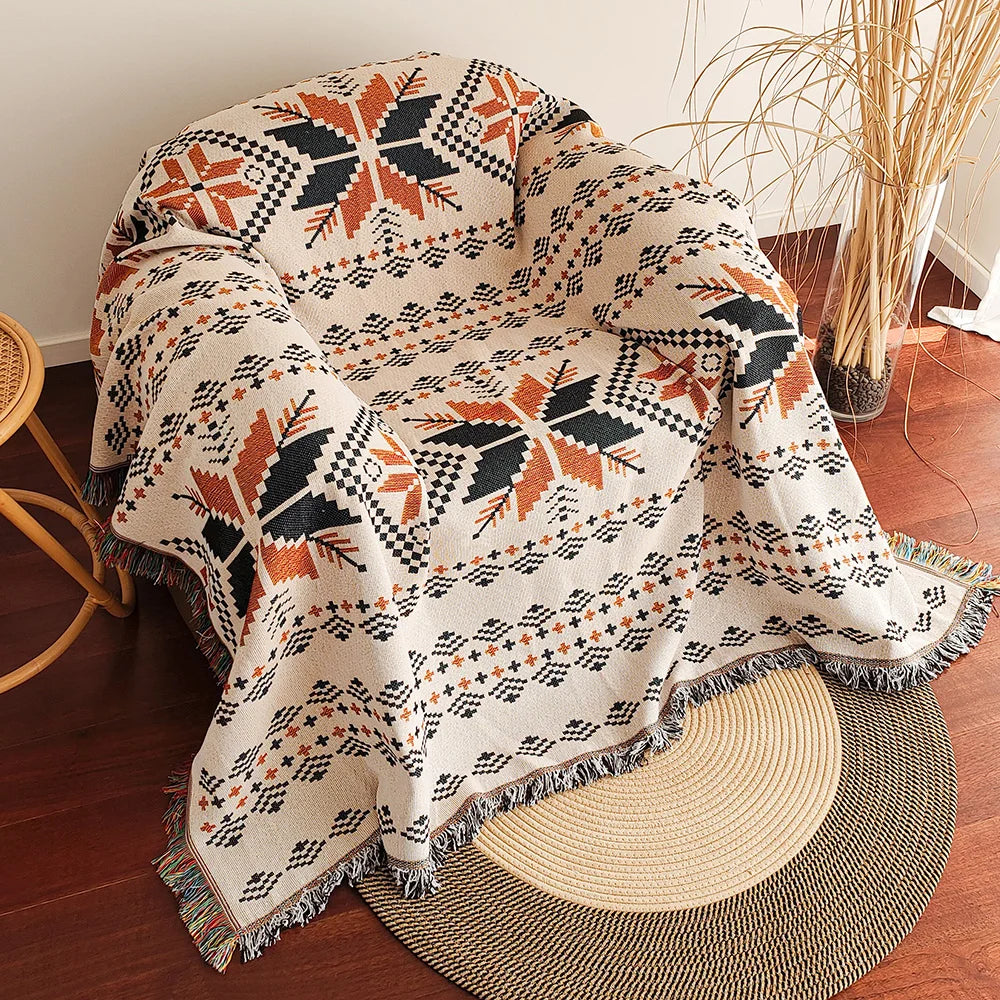 Übergroße Boho-Aztekendecke mit Fransen – Geometrischer Vintage-Wandteppich