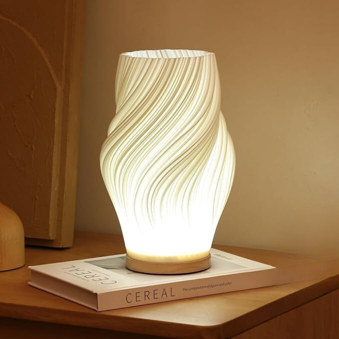Dimmbare USB Tischlampe mit Holzsockel – Moderne Nachttischlampe für Wohnzimmer und Home Office