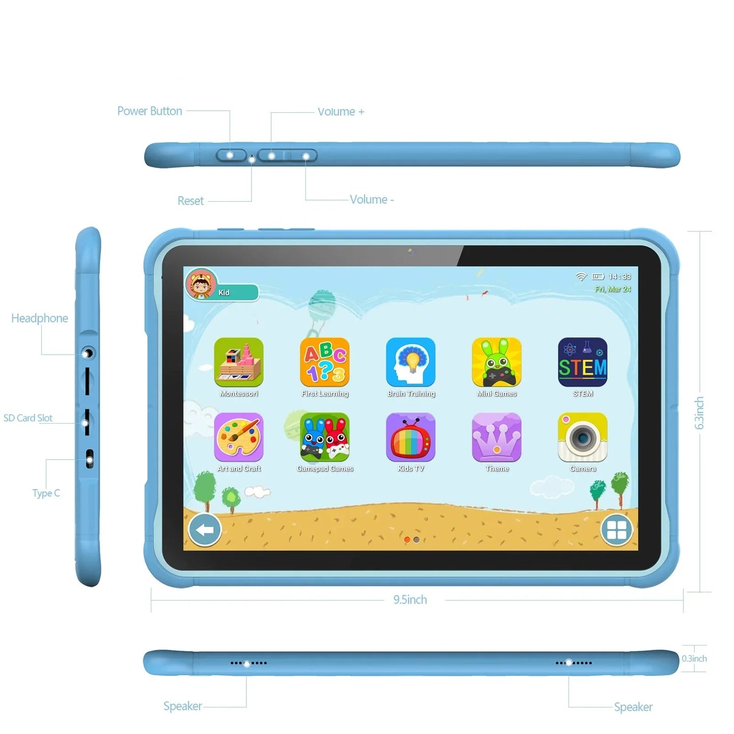 10 Zoll Kids Tablet mit Quad-Core, 64GB Speicher, Android 13 und 720p HD Bildschirm - Bestes Kids Tablet für Kinder