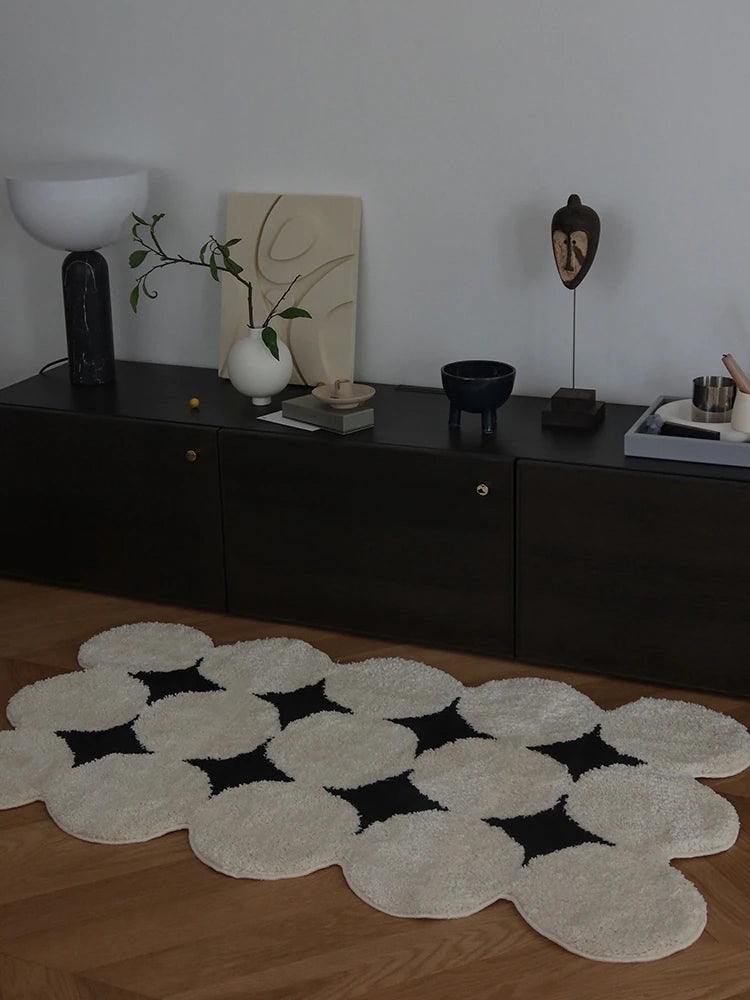 Moderner Vintage-Tufting-Teppich in Schwarz und Weiß │ Weicher, ästhetischer Bodenteppich, Fußmatte │ Für die Dekoration des Wohnzimmers zu Hause
