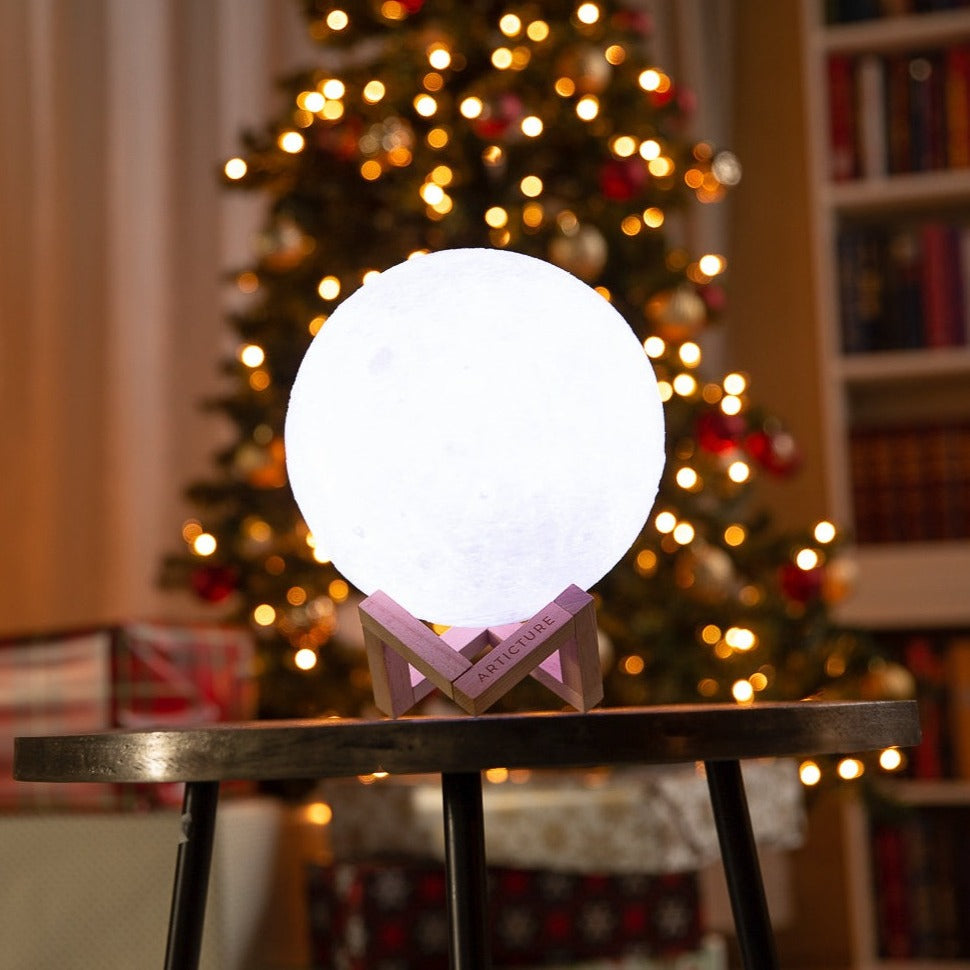 Mondlampe Holzsockel 3D Tischlicht