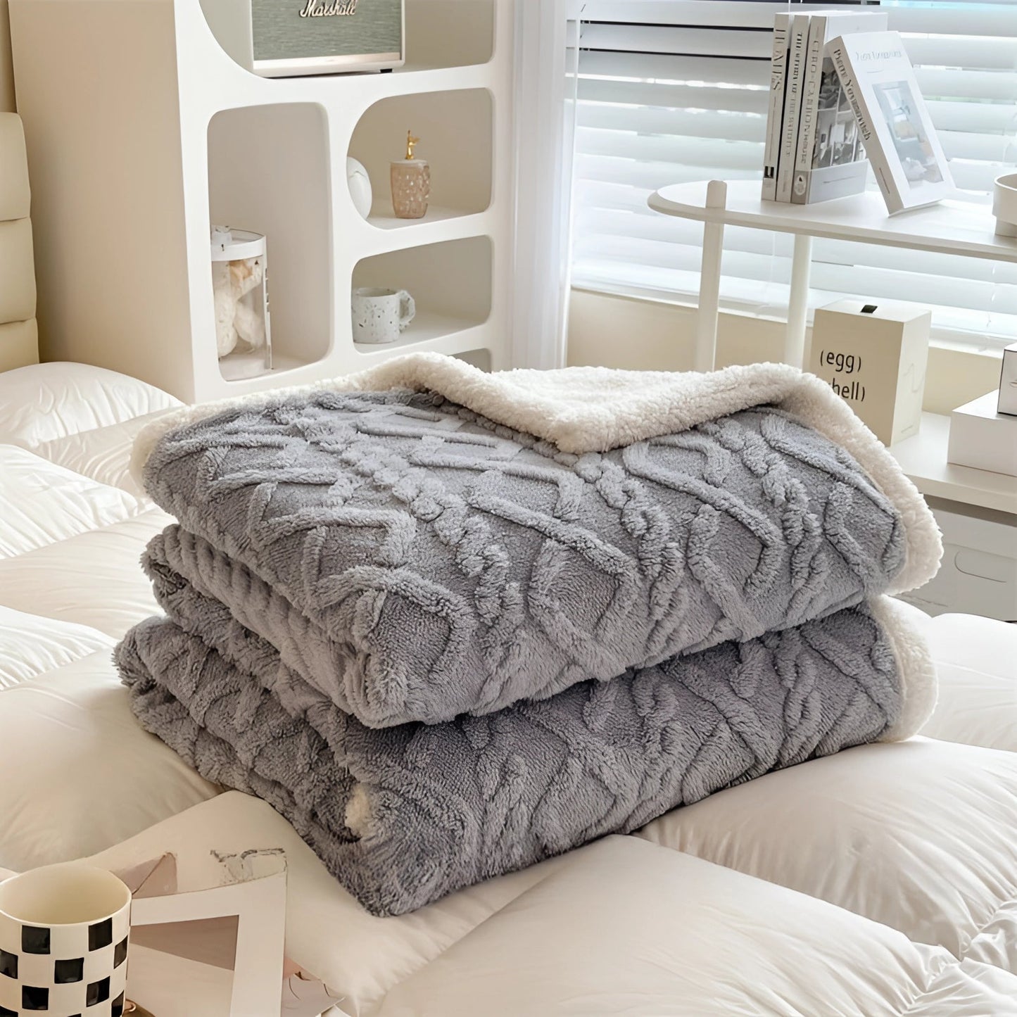 Garduru Graues Bettwäsche-Set mit Plüschdecke & Kissen