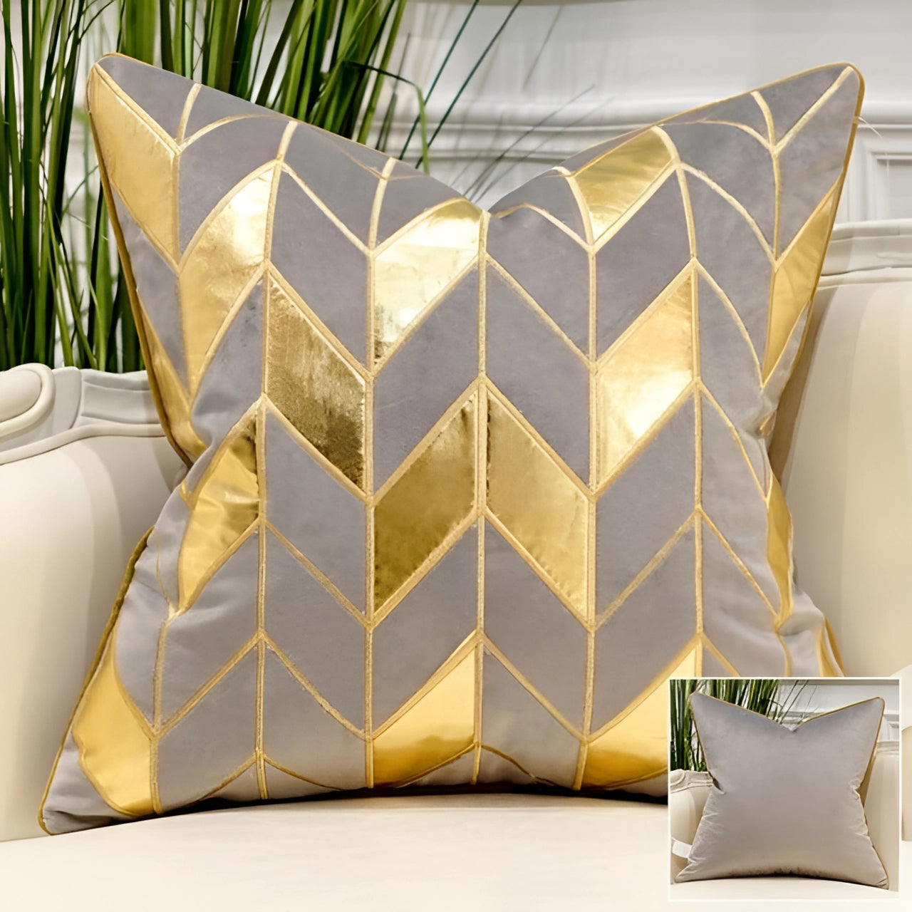 Garduru Samt Dekokissen mit geometrischem Design und Goldakzenten