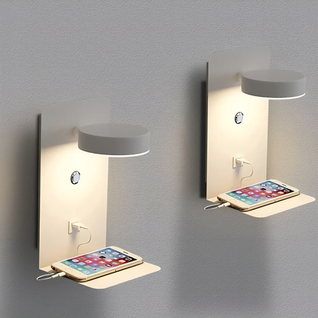 Moderne LED-Wandlampe mit integrierter USB-Ladeablage