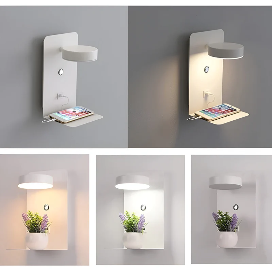 Moderne LED-Wandlampe mit integrierter USB-Ladeablage