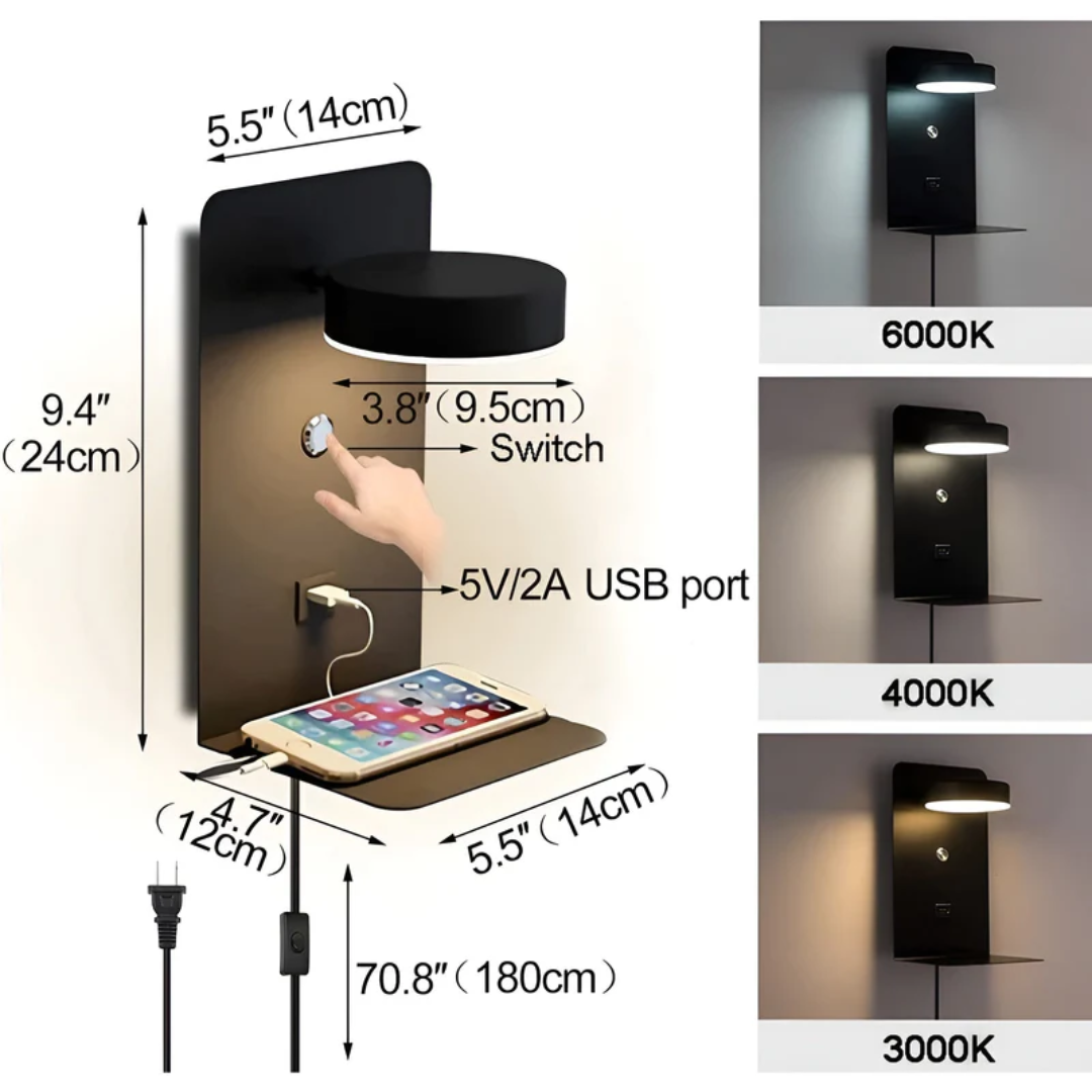 Moderne LED-Wandlampe mit integrierter USB-Ladeablage