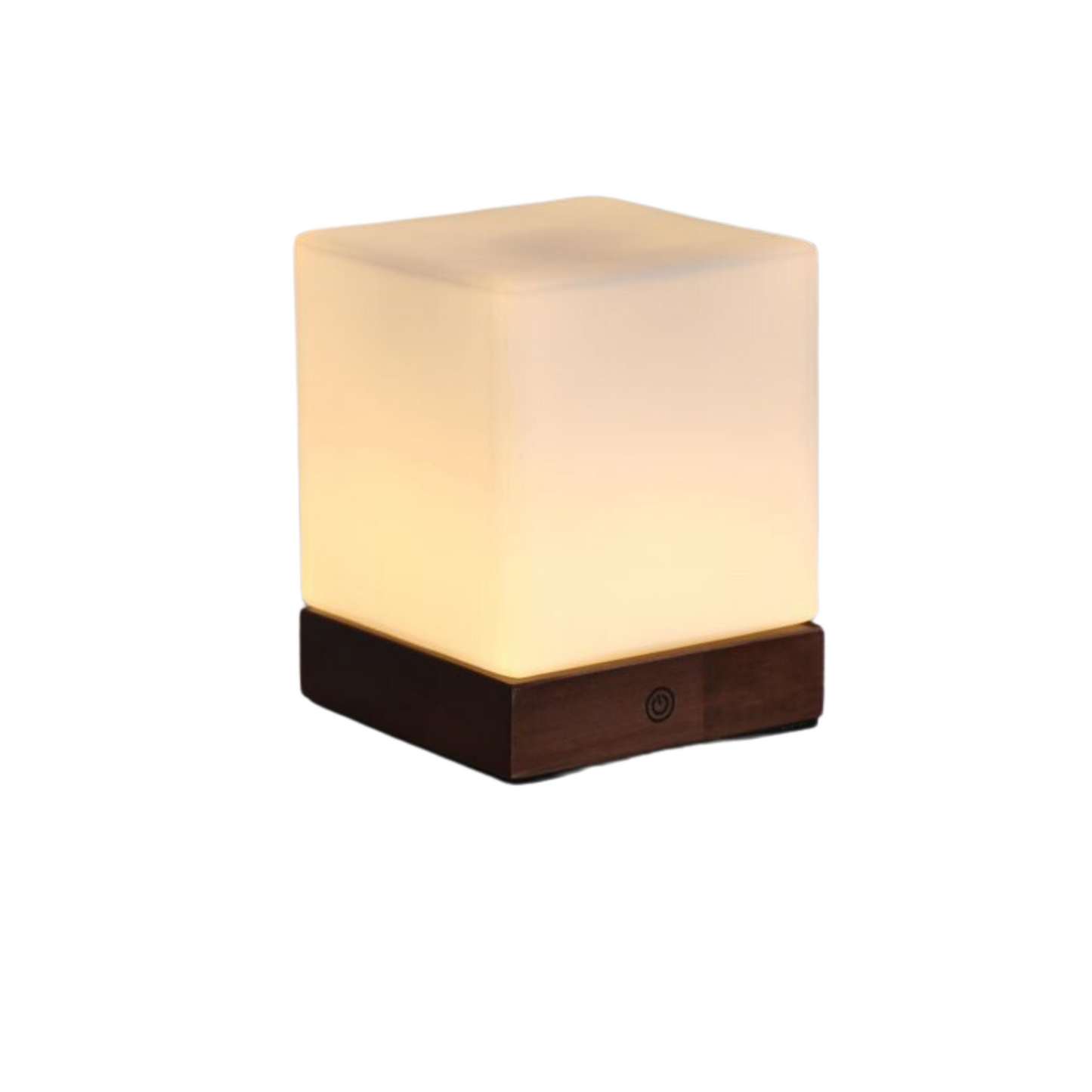 CubeLuxe – Minimalistische Tischlampe mit Holz Akzenten und mattem Glas