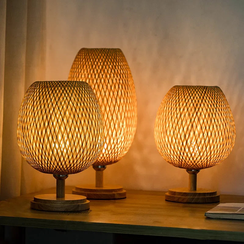 Vintage Geflochtene Bambus Tischlampe