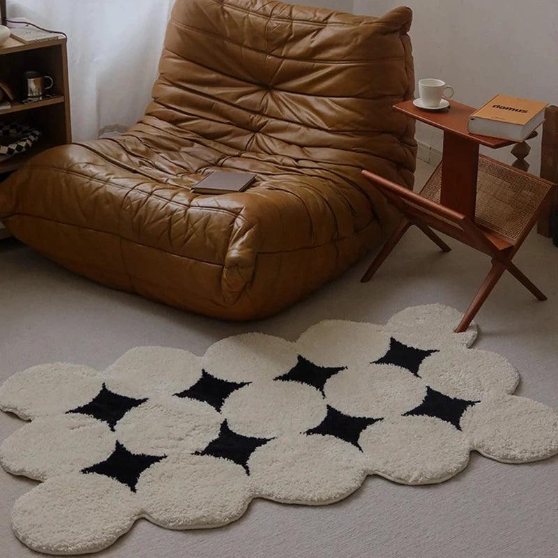 Moderner Vintage-Tufting-Teppich in Schwarz und Weiß │ Weicher, ästhetischer Bodenteppich, Fußmatte │ Für die Dekoration des Wohnzimmers zu Hause