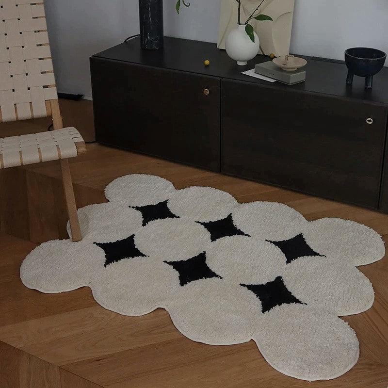 Moderner Vintage-Tufting-Teppich in Schwarz und Weiß │ Weicher, ästhetischer Bodenteppich, Fußmatte │ Für die Dekoration des Wohnzimmers zu Hause