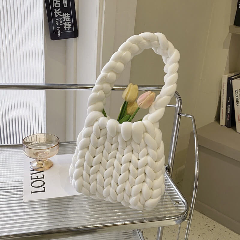 Diy Chunky Handtas, Dicke Baumwollwoll Gewebte Handtasche, Handgemachte Grobe Woll Gestrickte Eimer Tasche