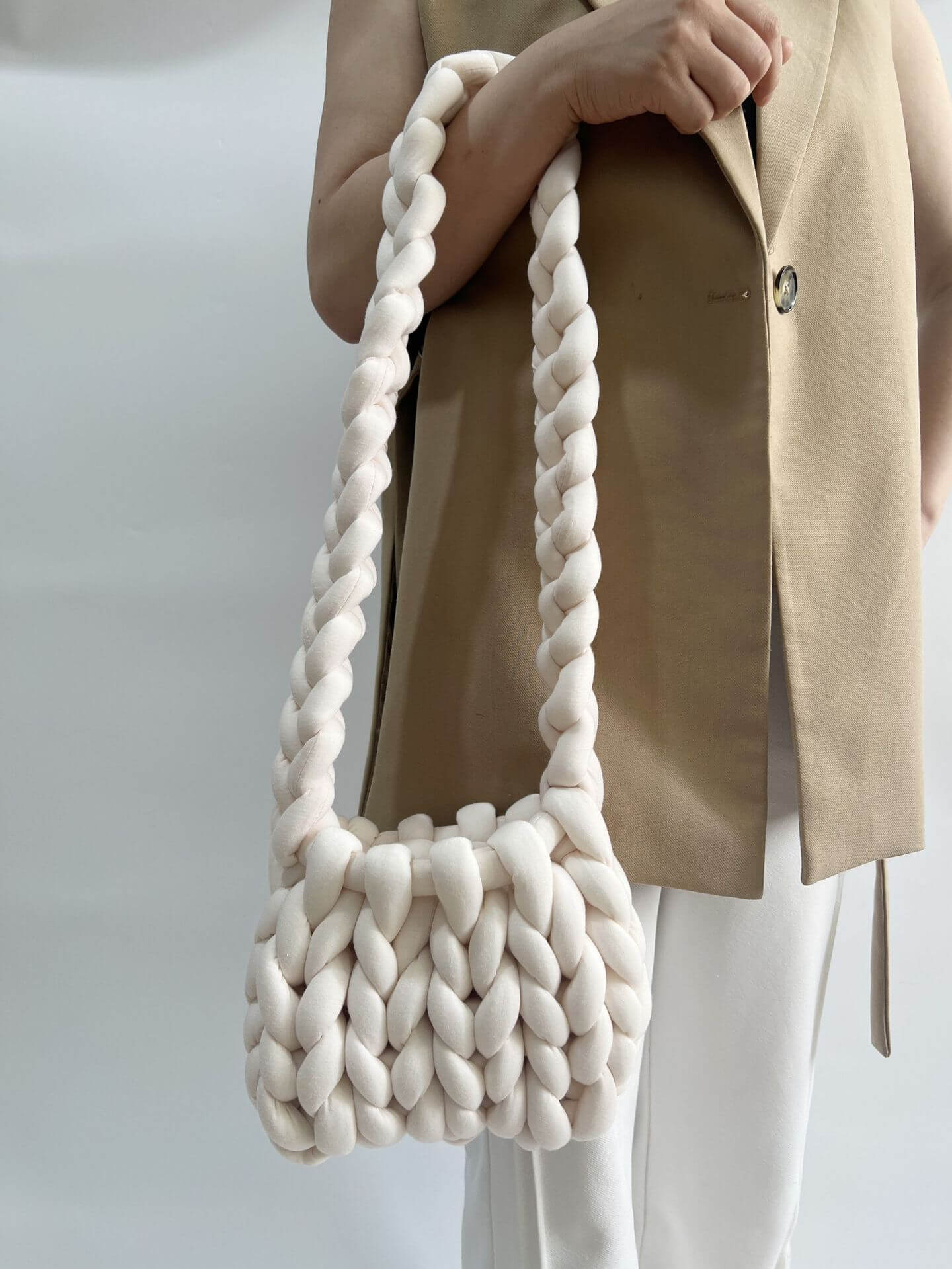 Diy Chunky Handtas, Dicke Baumwollwoll Gewebte Handtasche, Handgemachte Grobe Woll Gestrickte Eimer Tasche