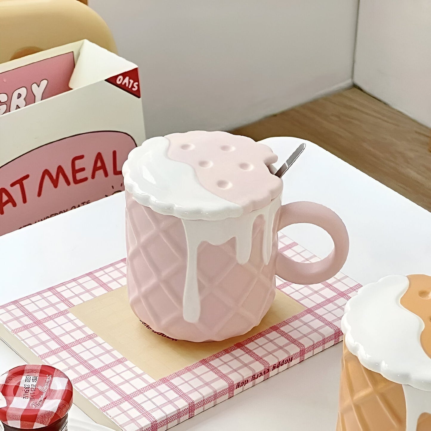 Cartoon Keks Muster Kaffeetasse mit Deckel & Löffel