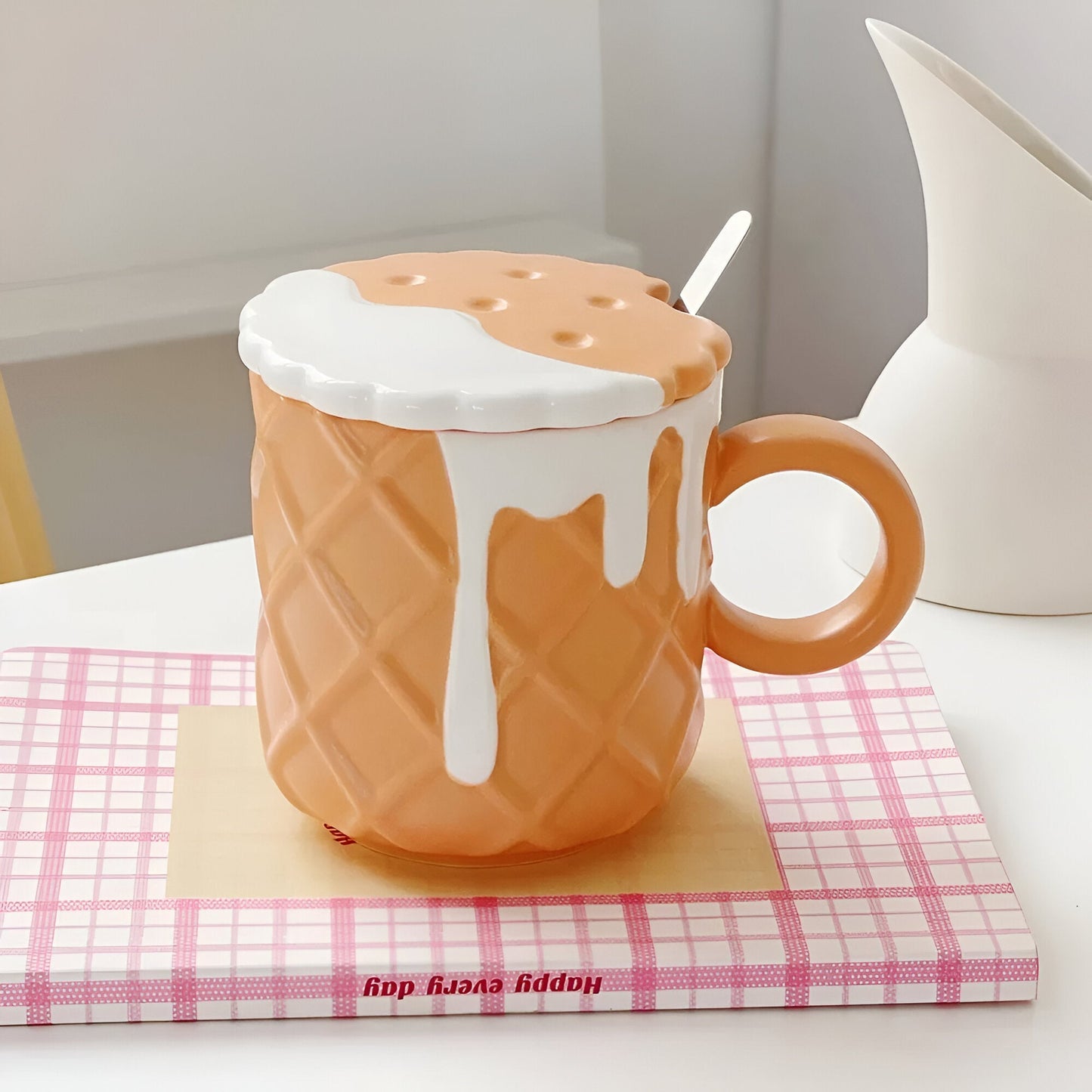 Cartoon Keks Muster Kaffeetasse mit Deckel & Löffel
