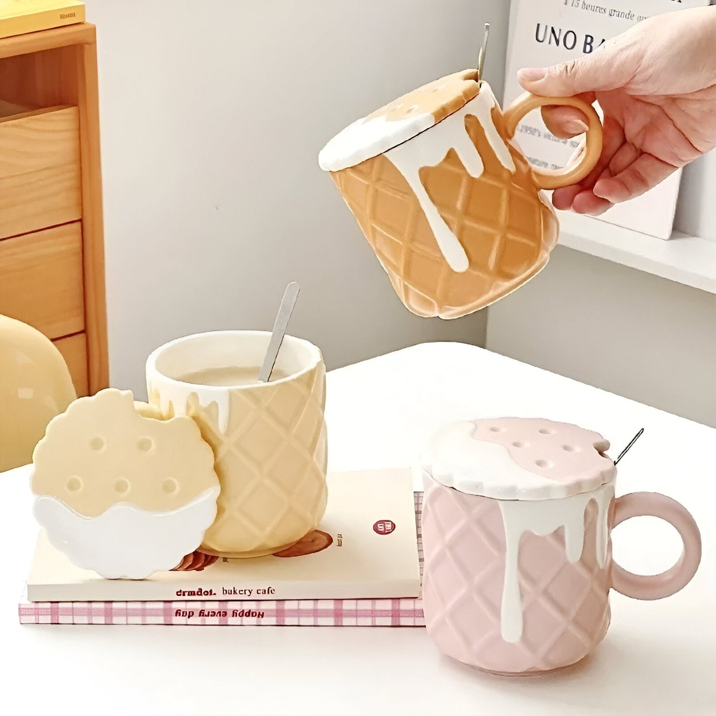Cartoon Keks Muster Kaffeetasse mit Deckel & Löffel