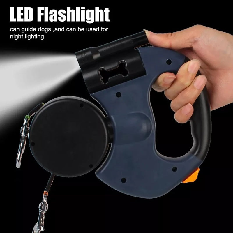 10FT Dual Retractable Hundeleine mit integriertem Taschenlampe & Müllbeutelhalter